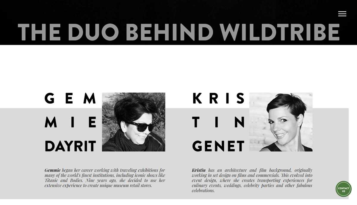 The Who We Are page headlined 'The Duo Behind WildTribe', introducing founders Gemmie Dayrit and Kristin Genet with black-and-white portraits and short biographies