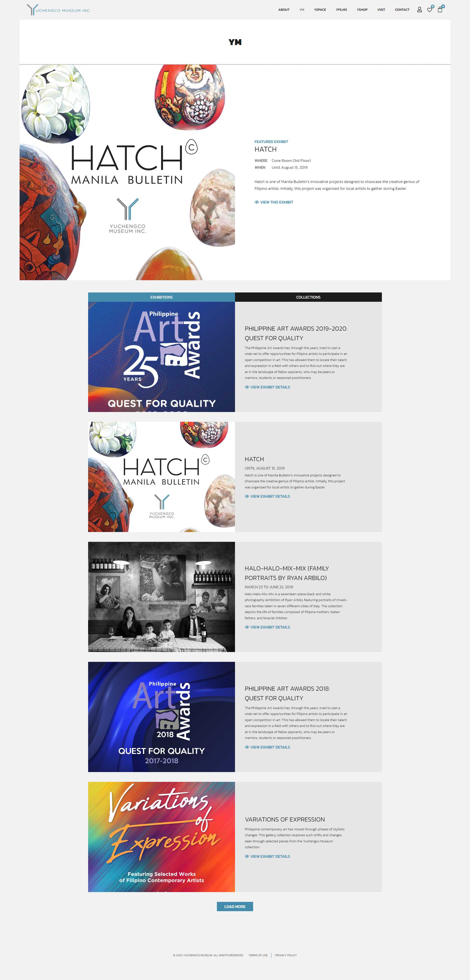The Yuchengco Museum YM page listing exhibitions and collections, including Hatch, the Philippine Art Awards, Halo-Halo-Mix-Mix by Ryan Arbilo, and Variations of Expression