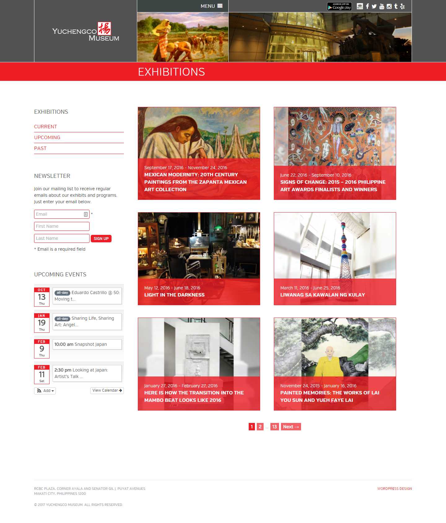 The Yuchengco Museum Exhibitions archive with current, upcoming, and past filters, a newsletter signup, an upcoming events list, and a grid of exhibition cards with dates