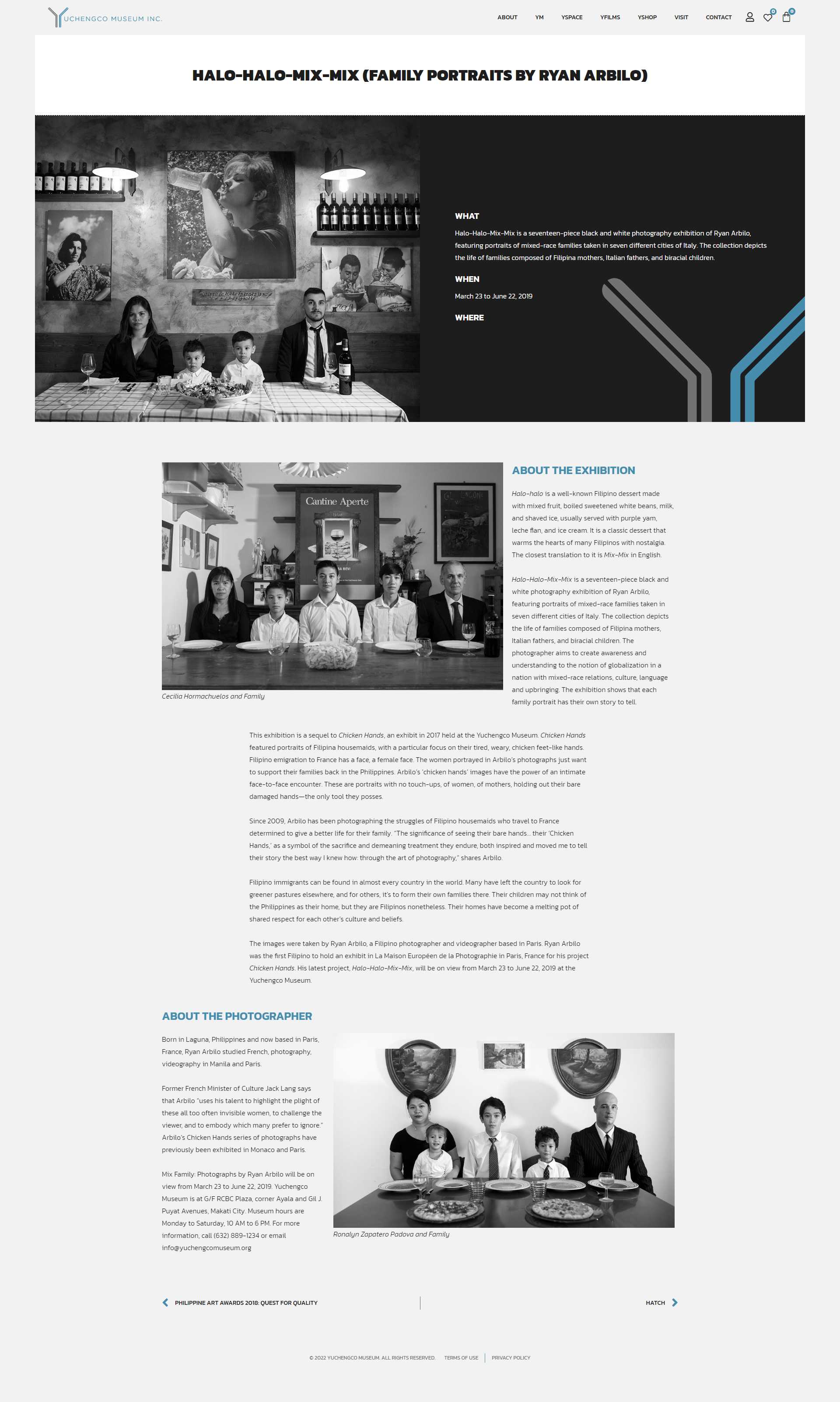 The Halo-Halo-Mix-Mix exhibition page with a black-and-white family portrait, What, When, and Where details, and About the Exhibition and About the Photographer sections