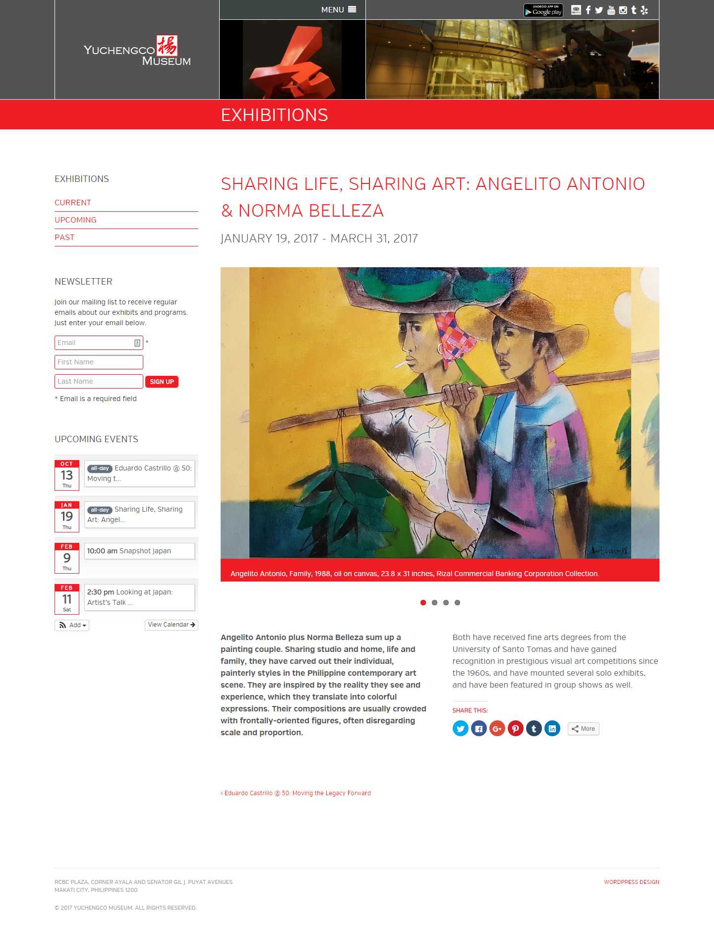 A Yuchengco Museum exhibition page for Sharing Life, Sharing Art, with a painting slider, its artwork credit line, sidebars for the newsletter and upcoming events, and social sharing buttons