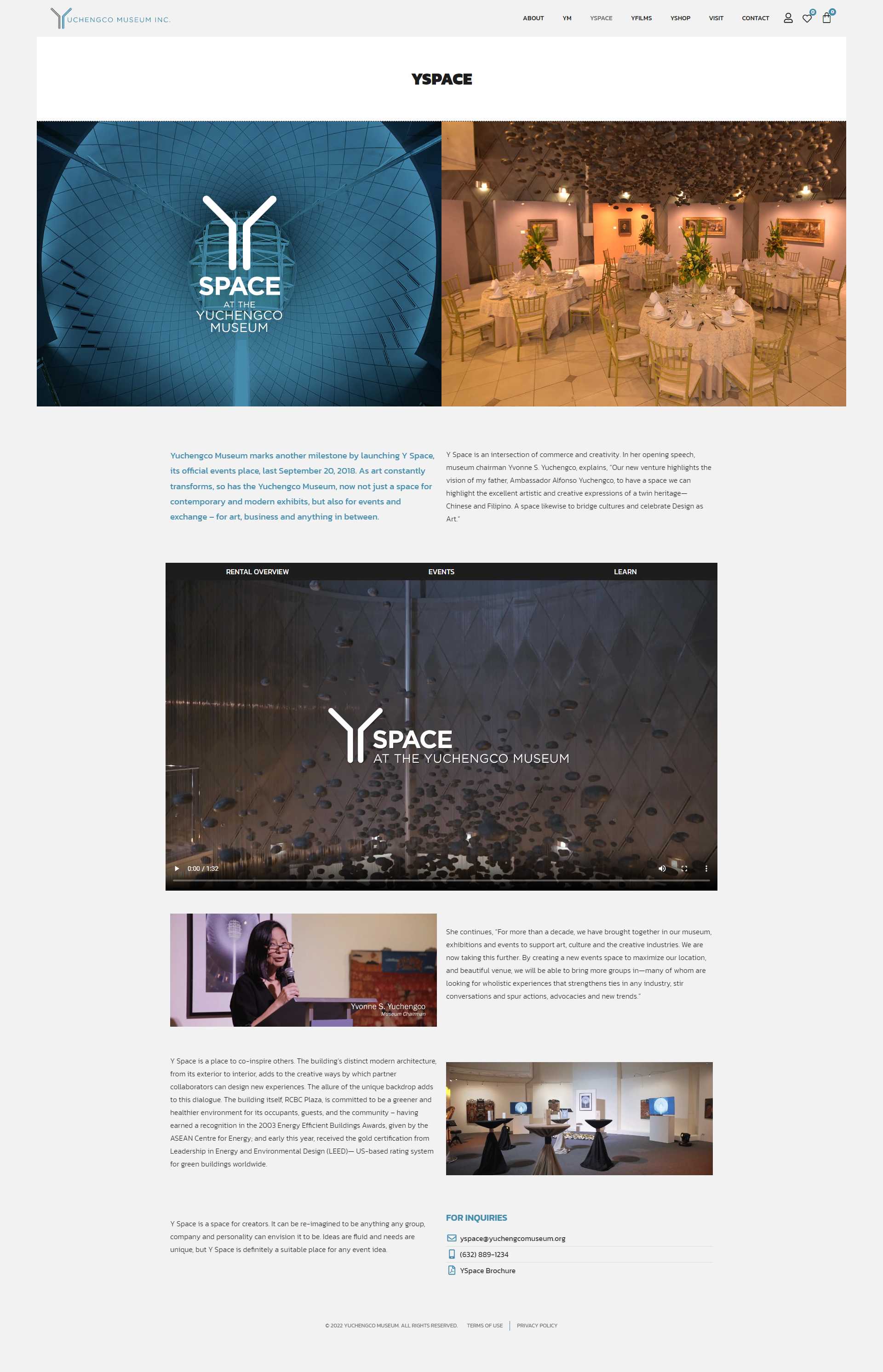 The YSpace page with photos of the museum's events venue laid out for a banquet, a venue video, and a For Inquiries block