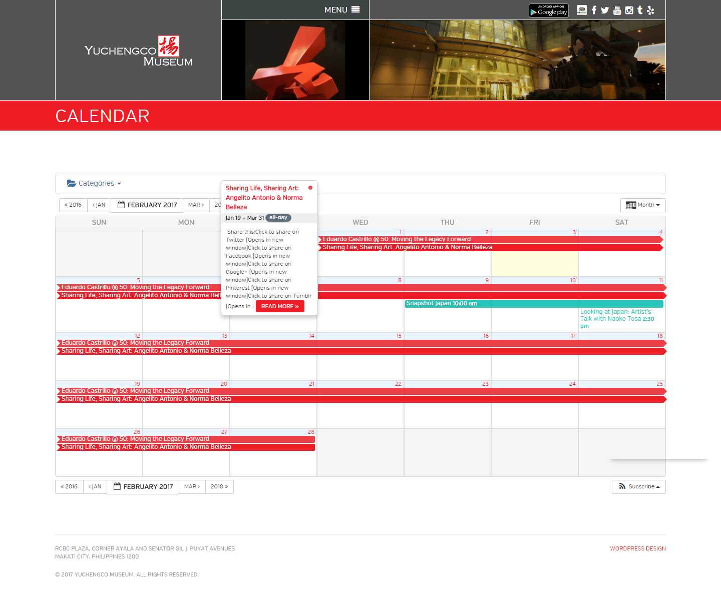 The Yuchengco Museum Calendar page showing February 2017 in month view, with exhibitions as all-day red bars, timed events, and a tooltip linking to Read More