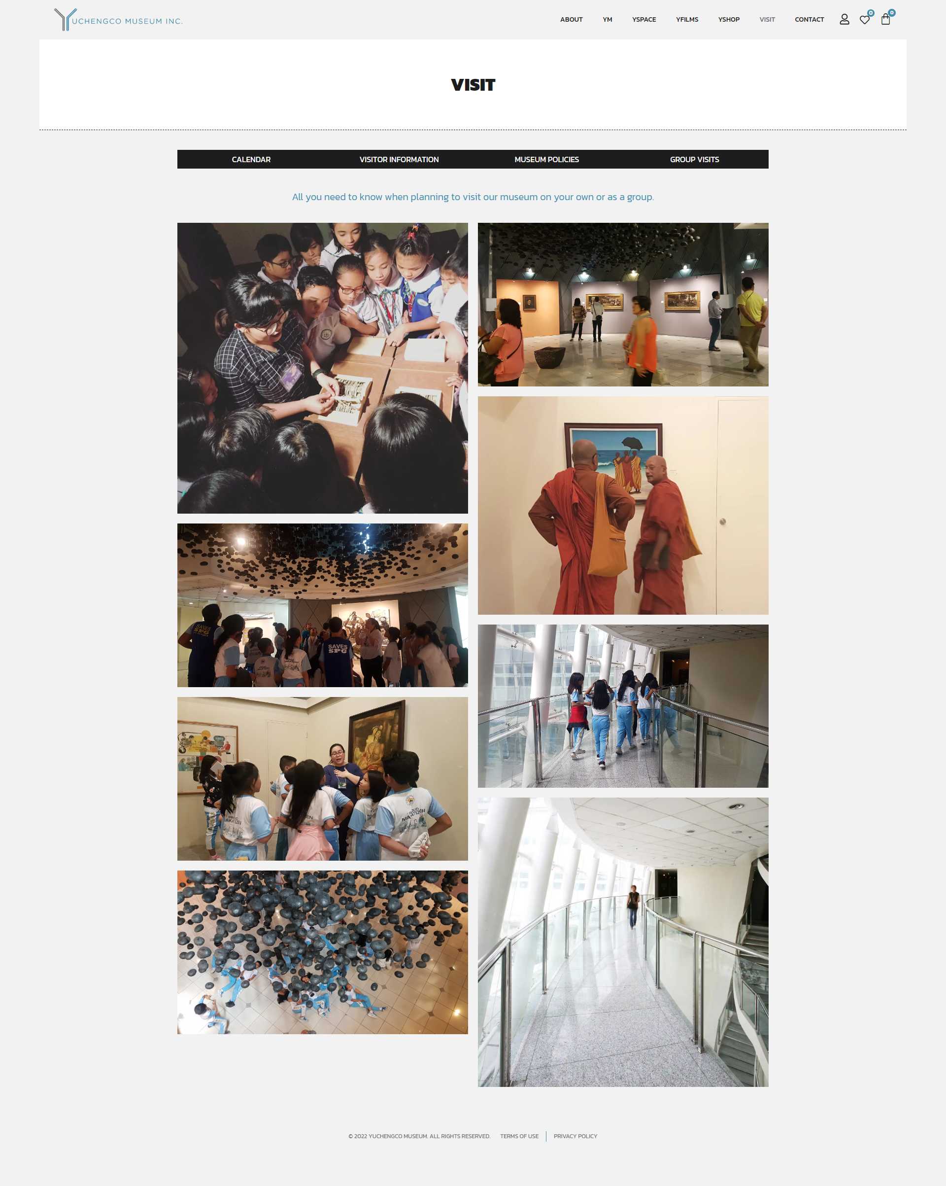 The Visit page with tabs for Calendar, Visitor Information, Museum Policies, and Group Visits, above a grid of photos of school groups and gallery visitors