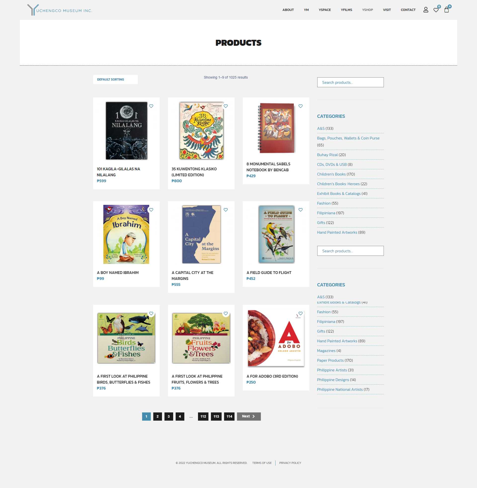 The YShop products page showing nine book covers with prices, a category sidebar from A&S to Philippine National Artists, and pagination across more than a hundred pages