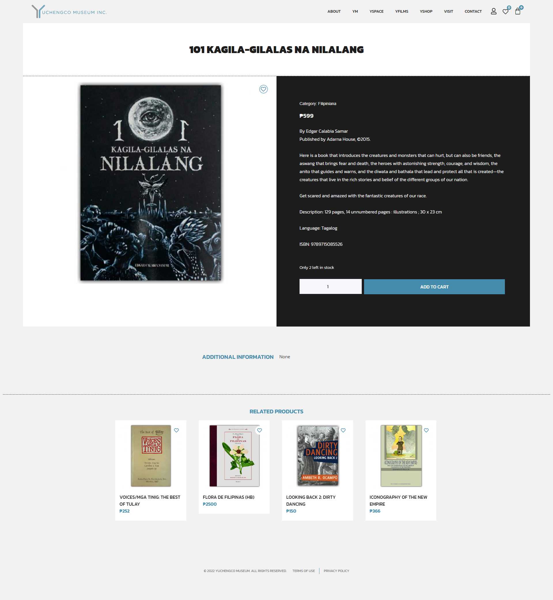 The product page for 101 Kagila-Gilalas na Nilalang, with the book cover, price, author, publisher, ISBN, page count, stock note, and an Add to Cart button