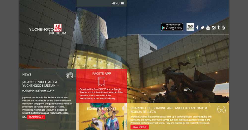 The Yuchengco Museum homepage with a grid of photographs of the museum's angular glass architecture and tiles for News, the Facets app, Exhibits and Events, and Sharing Life, Sharing Art